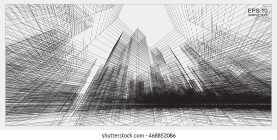 Perspective 3D render of building wireframe. Vector construction graphic idea.