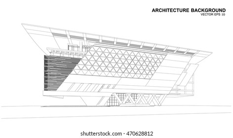 Perspective 3D render of building wireframe.