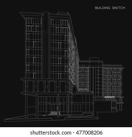 Perspective 3D render of building wireframe - Vector illustration