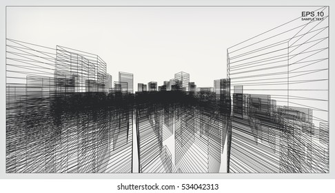 Perspective 3D render of building wireframe. Vector construction graphic idea.