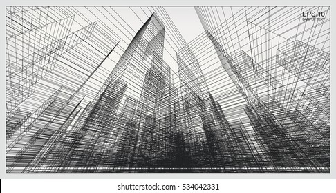 Perspective 3D render of building wireframe. Vector construction graphic idea.