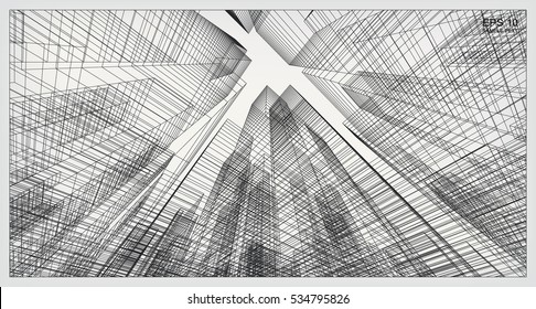 Perspective 3D render of building wireframe. Vector construction graphic idea.
