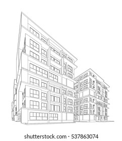 Perspective 3D render of building wireframe - Vector illustration