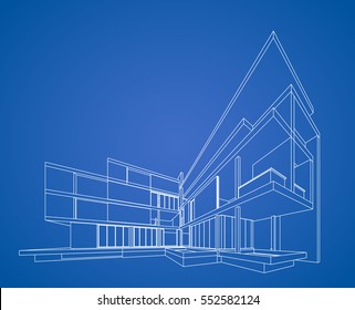 Perspective 3D render of building wireframe - Vector illustration