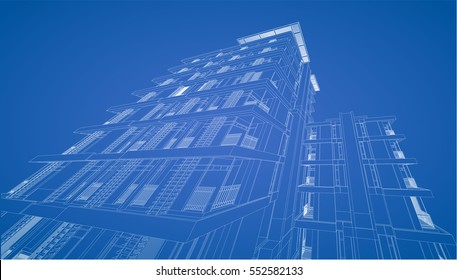 Perspective 3D render of building wireframe - Vector illustration