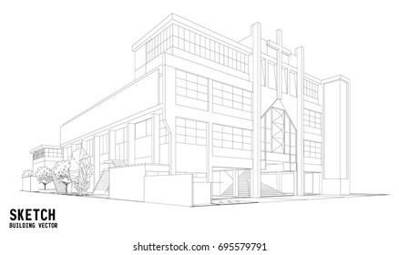 Perspective 3D render of building wireframe.