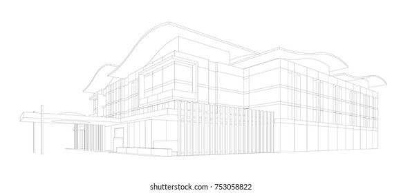 Perspective 3D render of building wireframe.