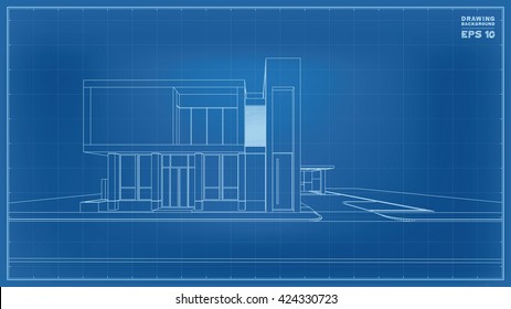 Perspective 3D render of tropical house wireframe. Vector house construction graphic idea.