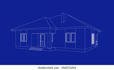 Perspective 3D suburban house. Drawing of the modern building. Cottage project on blue background. Vector architectural blueprint.