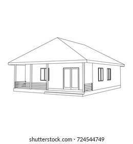 Perspective 3D suburban house. Drawing of the modern building. Cottage project on white background. Vector blueprint.