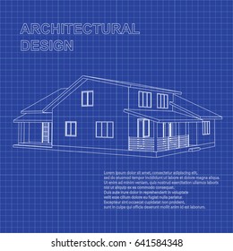 Perspective 3D suburban house model. Drawing of the modern building. Cottage project on blue background. Vector architectural blueprint.