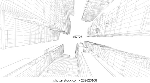 Perspective 3d Wireframe of building