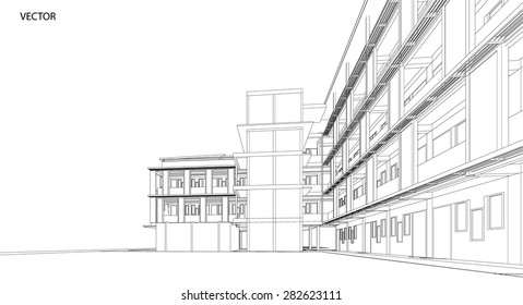 Perspective 3d Wireframe of building