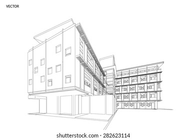Perspective 3d Wireframe of building