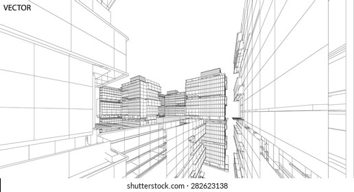 Perspective 3d Wireframe of building