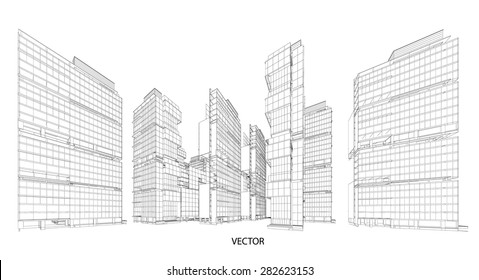 Perspective 3d Wireframe of building