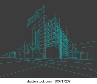 Perspectiva 3d Estructura alámbrica de la construcción