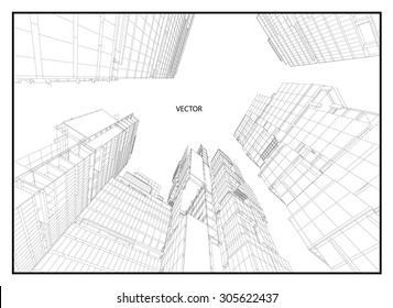 Perspective 3d Wireframe Of Building