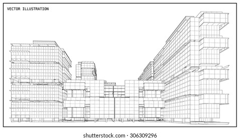 Perspective 3d Wireframe of building