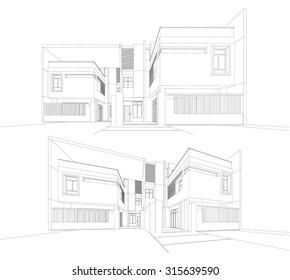 Perspective 3d Wireframe of building