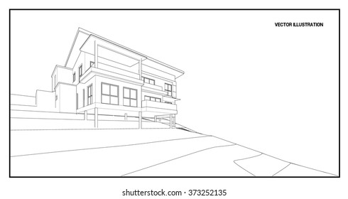 Perspective 3d Wireframe of building