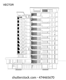 Perspective 3d Wireframe of building
