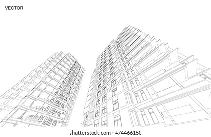 Perspective 3d Wireframe of building