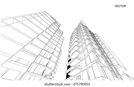 Perspective 3d Wireframe of building