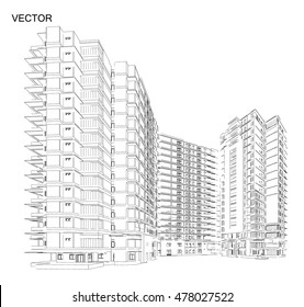 Perspectiva 3d Estructura alámbrica de la construcción