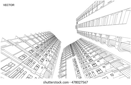 Perspective 3d Wireframe of building