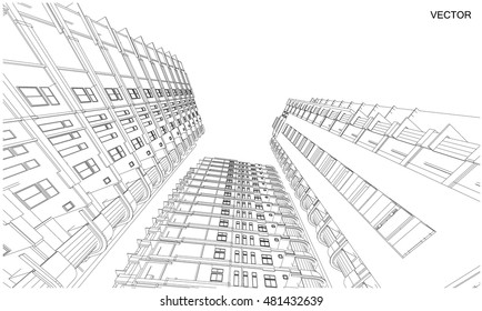 Perspective 3d Wireframe of building