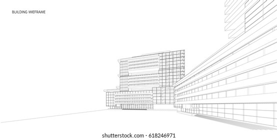 Perspective 3d Wireframe of building