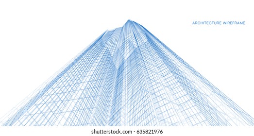 Perspective 3d Wireframe of building. Architectural sketch
