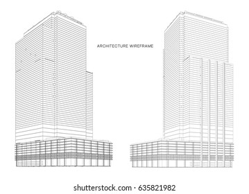 Perspective 3d Wireframe of building. Architectural sketch