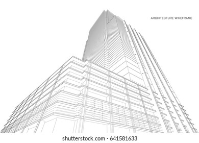 Perspective 3d Wireframe of building. Architectural sketch