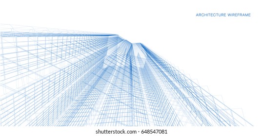 Perspective 3d Wireframe of building. Architectural sketch