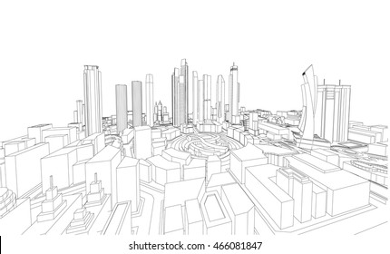 Perspective 3d Wireframe Of City View