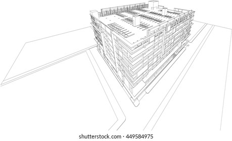 Perspective 3d Wireframe of Modern building, Office building