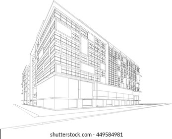 Perspective 3d Wireframe of Modern building, Office building