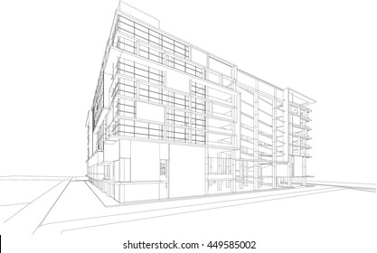 Perspectiva 3d Estructura alámbrica de edificio moderno, edificio de oficinas