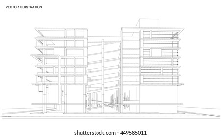 Perspective 3d Wireframe of Modern building, Office building