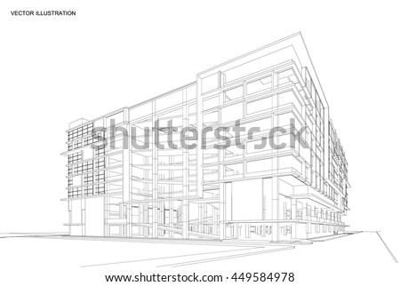 Perspective 3d Wireframe of Modern building, Office building