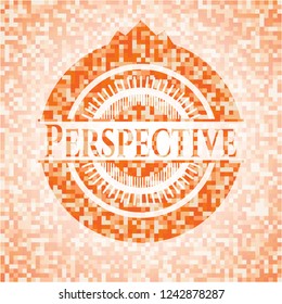 Perspective abstract emblem, orange mosaic background