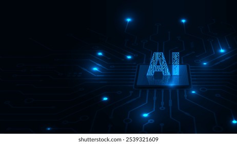 Processador de chip de tecnologia abstrata de perspectiva com inteligência artificial, placa de circuito em fundo azul.