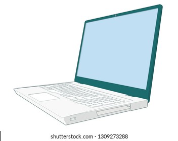 perspective angle professional front side modern illustration of a Laptop open 115 degree blank empty screen USB DVD Keyboard visible