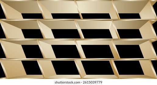 perspective of the arrangement of lines and geometric planes in the form of parallelograms with golden brown gradients and a black background