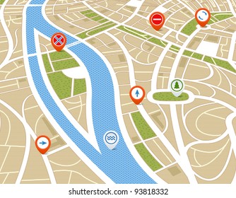 Perspective background of abstract city map with symbols