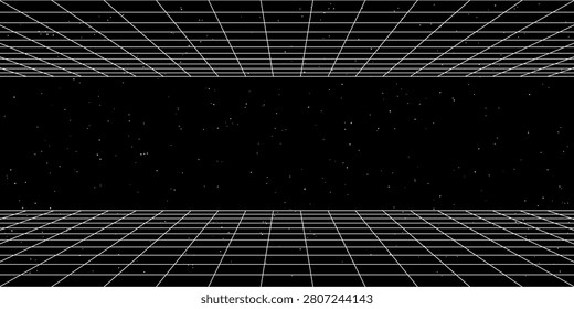 Perspective background arcade and box retro line with stars sky. Neon future square and 3d sign bg with effect vaporwave pattern. Cyber perspective sky and tech box party with depth.