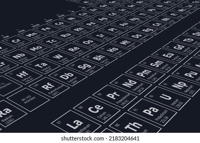 Perspective background of the periodic table of chemical elements with their atomic number, atomic weight, element name and symbol on a black background