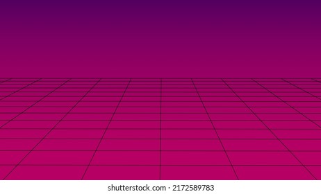 Perspective black grid on a pink background. Futuristic vector illustration. Background in the style of the 80s.